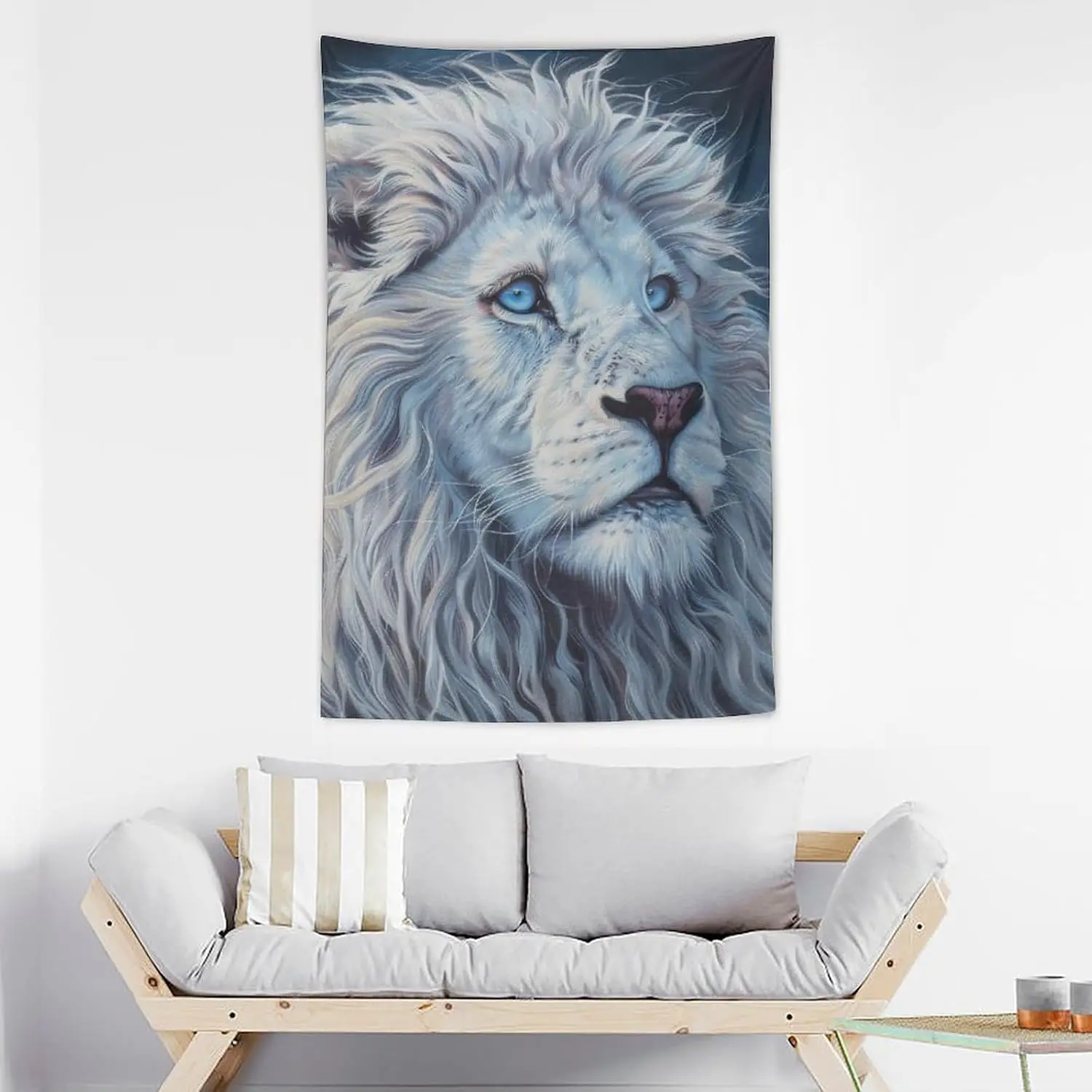 Wall Art Blue Eyes White Lion Animal Majestic Tapestry for Bedroom Living Room Decor for Men And Woman Tapestries Wall Hanging