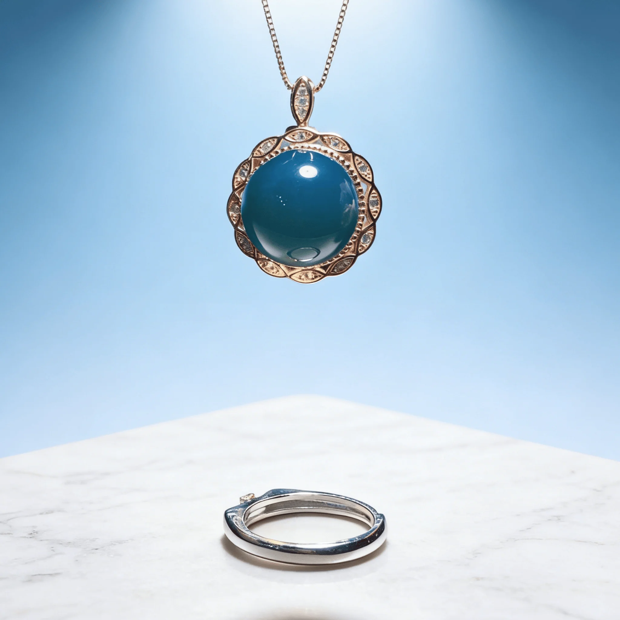 

Natural Mexican Blue Amber Silver Ring Pendant Two Ways 14mm Round Bead Retro Lace Edge Vintage Elegant Jewelry