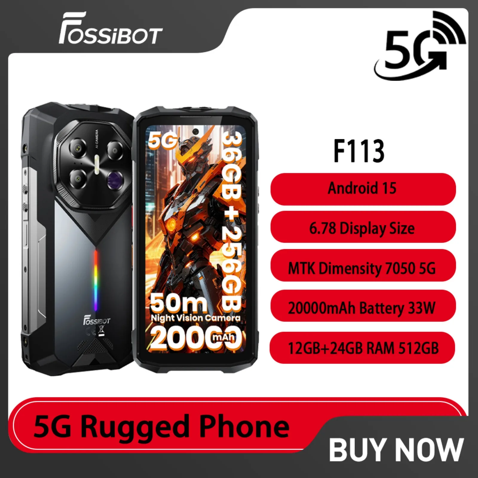2026 FOSSiBOT F113 5G Rugged Phone Android 15 6.78 Inch RAM12GB+24GB ROM256GB 20000mAh 33W 108MP Camping Light NFC Mobile Phone