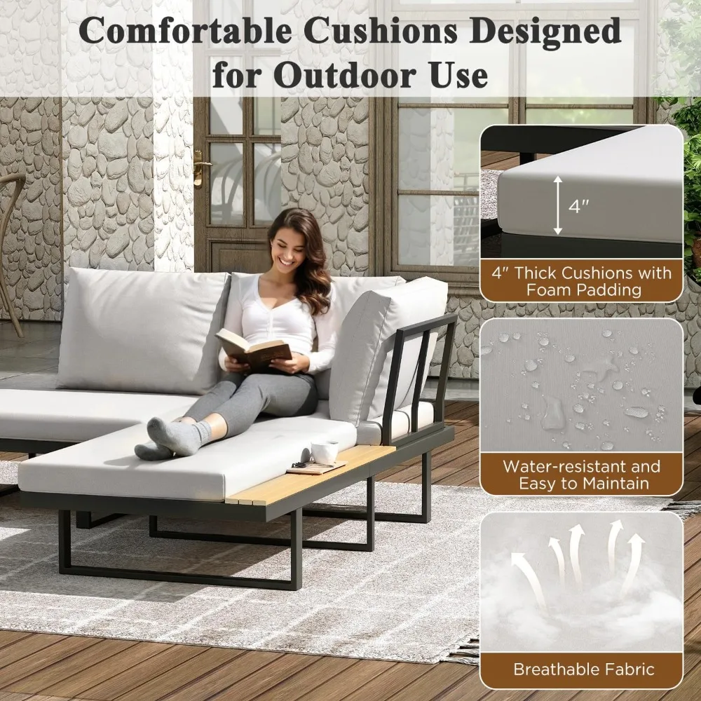 Juego de sofá cama exterior moderno gris de 3 piezas con mesa de centro y sofá seccional