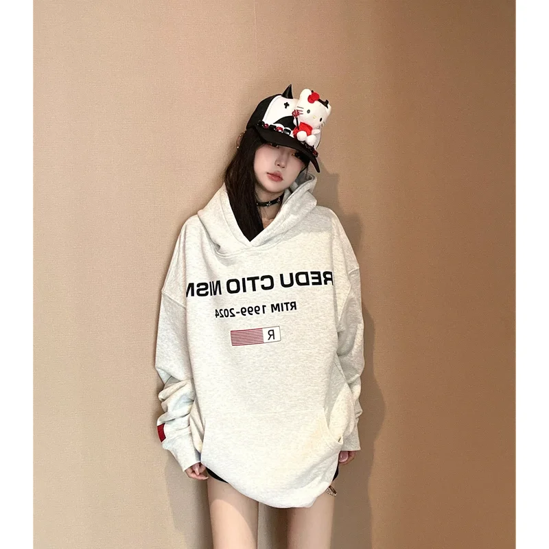 White Gray Womens Clothing Vintage Street Sweatshirt Y2K Letter Pattern Hoodie Pullover Long Sleeves Warm Oversize Ladies Tops