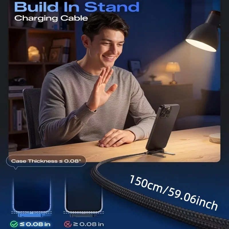 Right Angle USB C Cable 240W with Foldable Stand Holder Nylon Braided Fast Charge for Hands-Free Viewing Compatible with Samsung