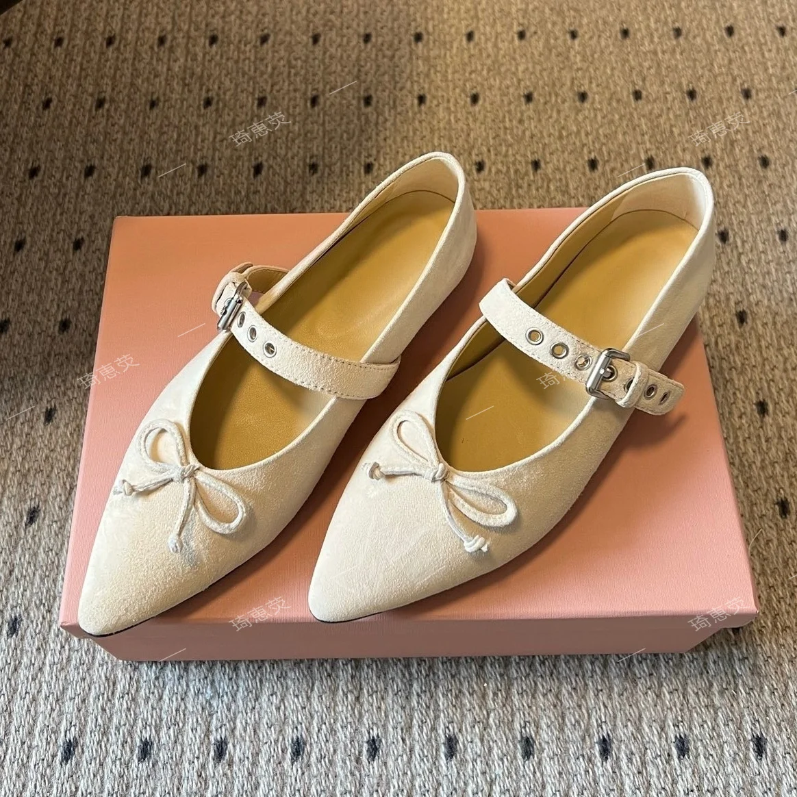 Sheepskin Suede Vintage-Style Bow Mary Jane Shoes Flat Low-Cut Single-Layer Shoes Ballet Flats Versatile Loafers Sapato Feminino