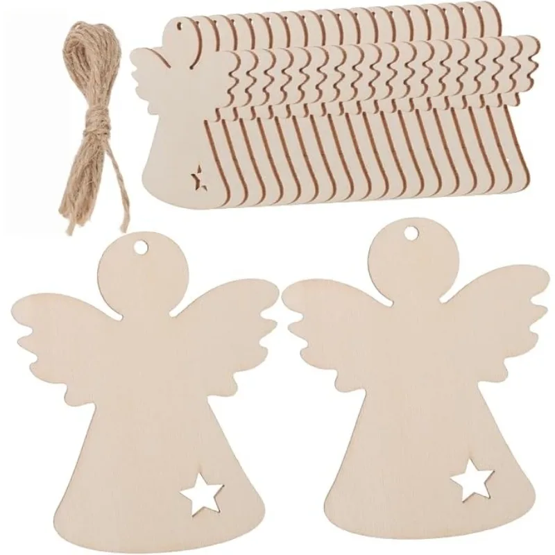 10PCS Angel Shape Wooden Christmas Ornament with Twines Unfinished Art for Wedding, Birthday, Thanksgiving Day Decoration