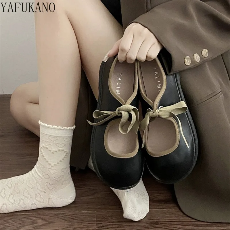 French Shallow Mouth Brown Round Head Flat Bottom Single Shoes Women Vintage Mary Jane Shoes Lace-up Casual Student Shoes