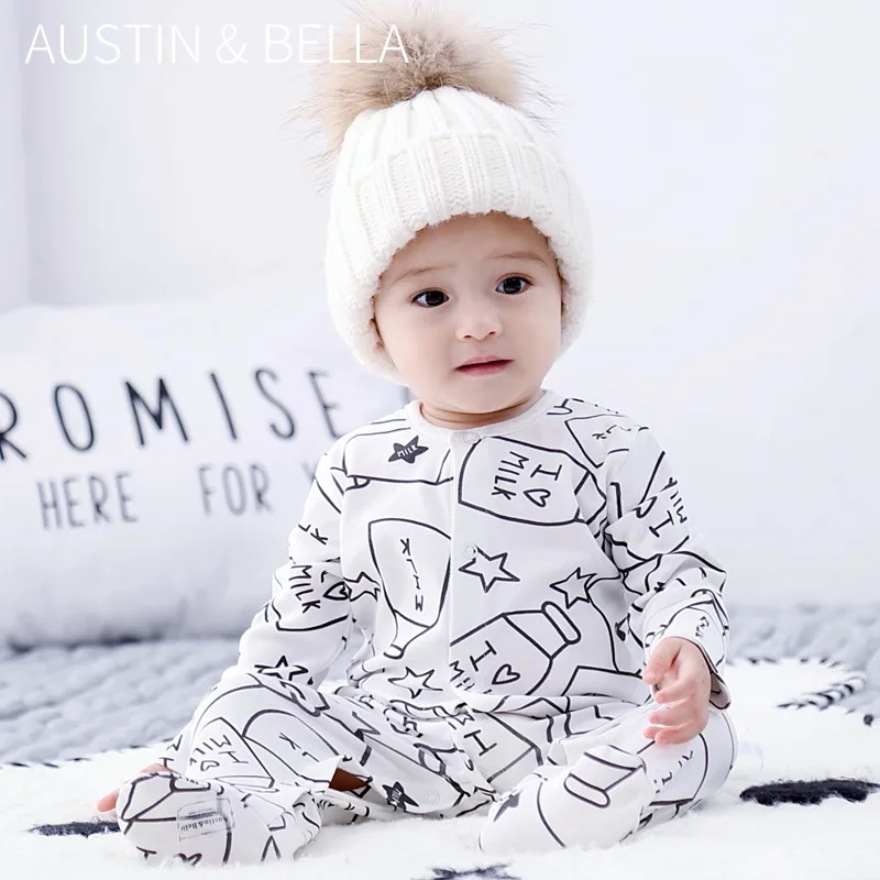 Spring Autumn 0-2 Year 2024 Ins 100% Cotton Infant Boys Connected Feet Romper Star Print Newborn Boys Bodysuit Baby Boys Onesies