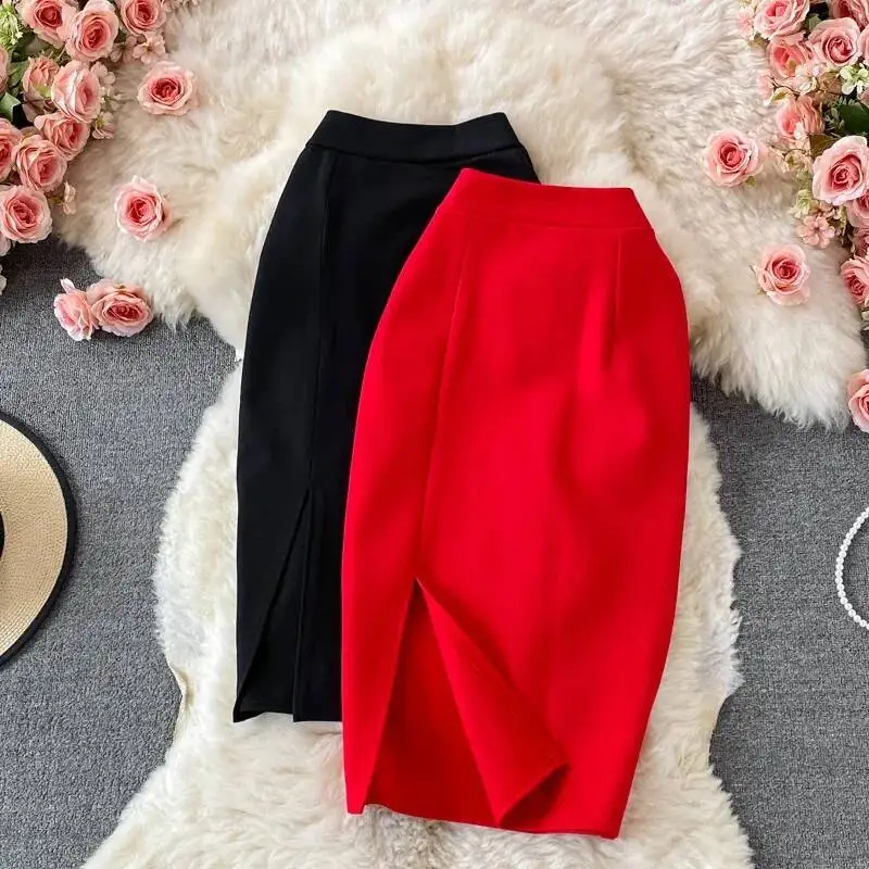 

Женская офисная юбка с боковым разрезом и высокой талией, эластичные повседневные юбки средней длины с высокой талией
