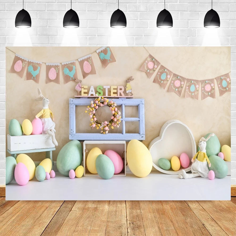 Easter Spring Garden Photography Backdrop Colorful Eggs Barn Door Wood Fence Photo Background Baby Children Easter Party Banner