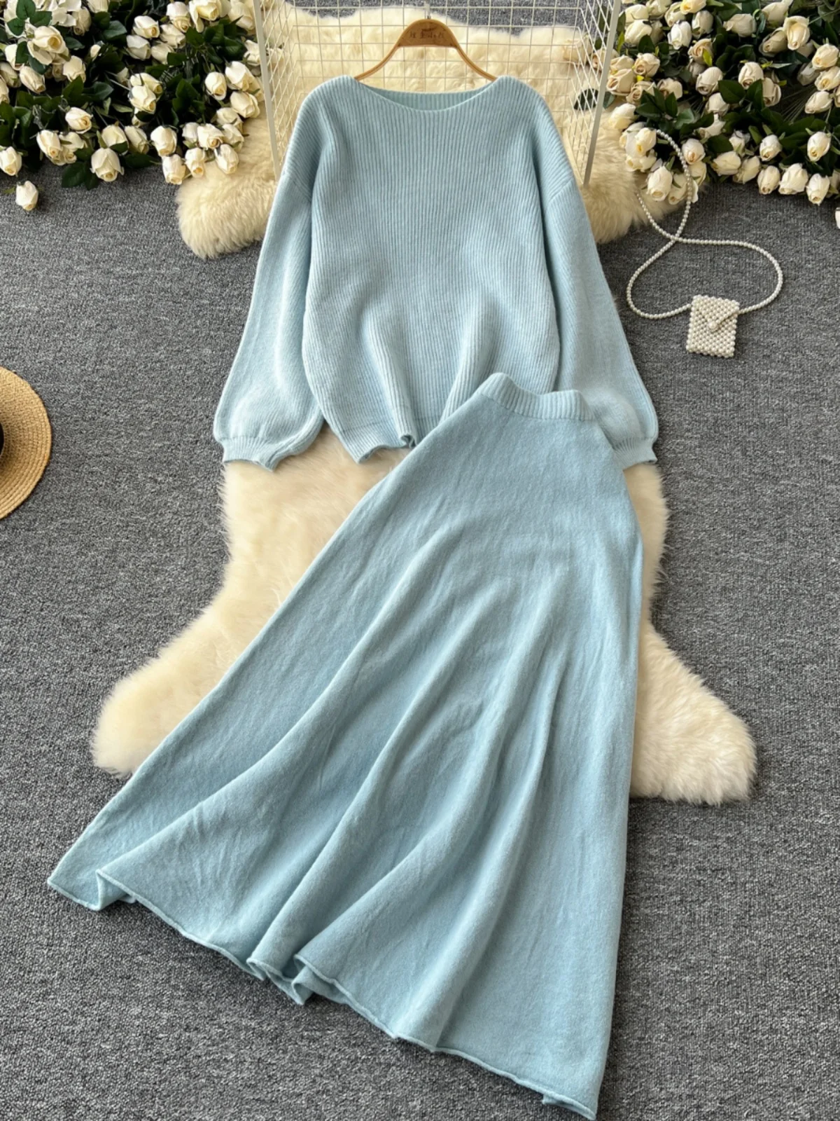 Conjunto de Suéter de Malha de Manga Longa Estilo Casual para Mulheres com Saia  de Cintura Alta Moda de Inverno Ajuste S...