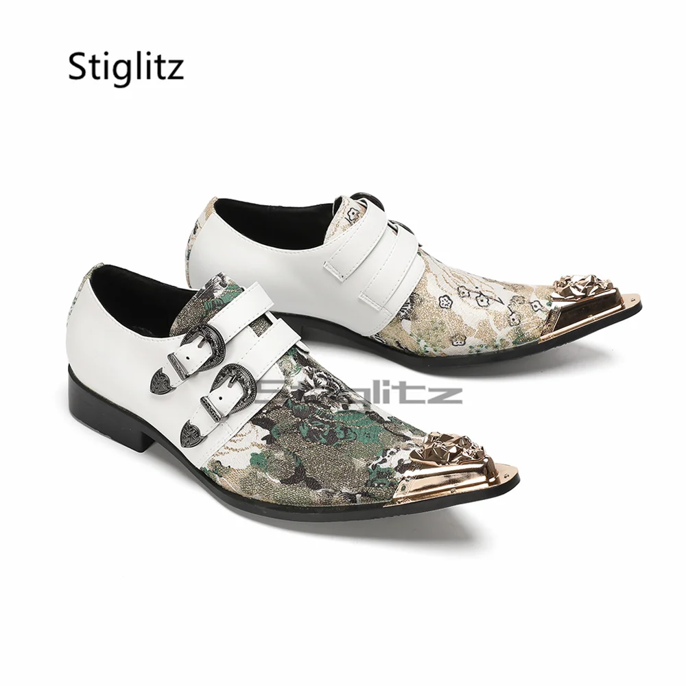 

Men's Double Buckle Prints Leather Shoes Low Heel Genuine Leather Patchwork Slip On Loafers Metal Pointed Toe Business Shoes