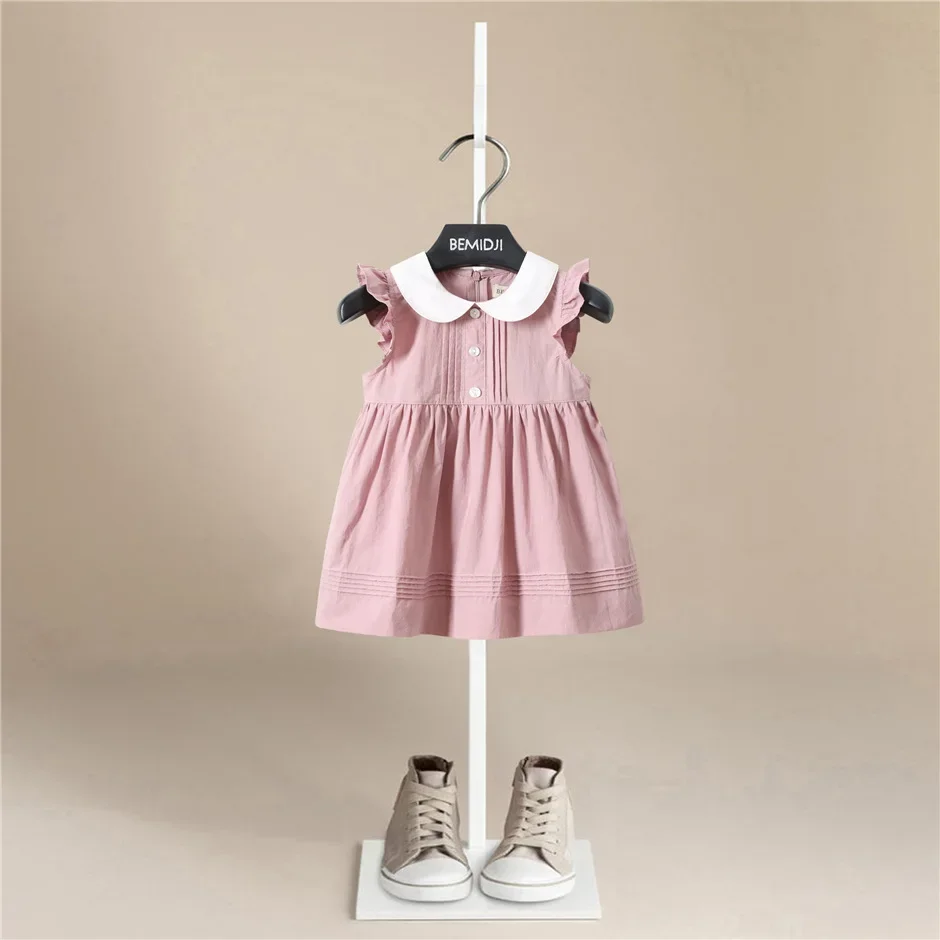 

1-9Y Girls Pink Princess Dresses New Summer Baby Dress Flying Sleeves Lace Pleating Collar Toddlers Kids Cotton Cute Party Dress