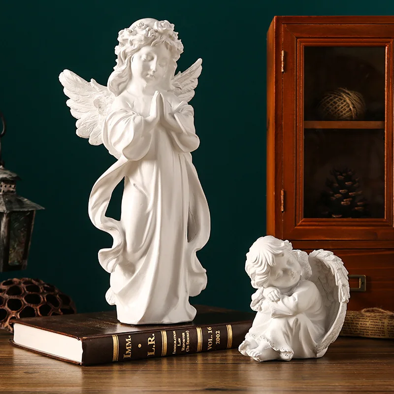 European Retro White Little Angel Girl Resin Plaster Statue Home Decor Resin Angel Ornaments For Desktop Decoration