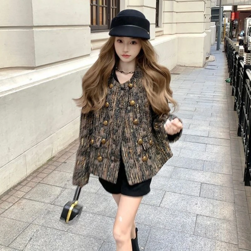 Spring Autumn Women Coat Tweed Jacket Tassel Blazer Plaid Long Sleeve Streetwear Office Lady Clothing Black Coats Korean Chic