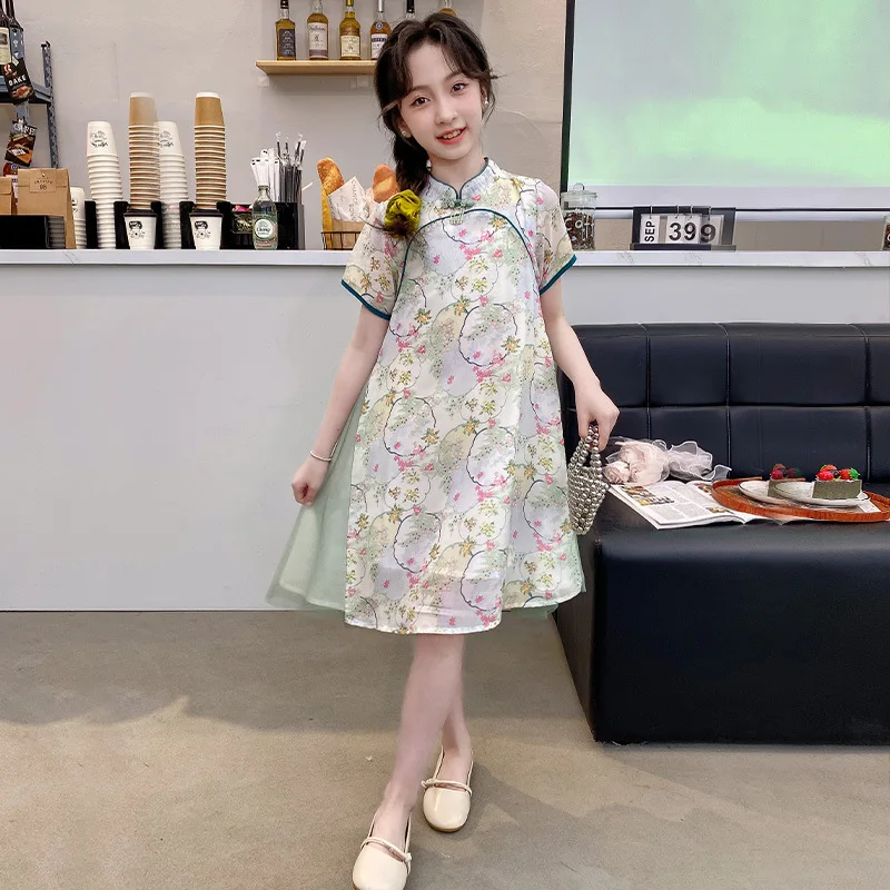 

Girls National Style Dress Summer 2024 New Style Children Gauze Dress Summer Girls New Skirt Korean Sweet Style Skirt Clothes