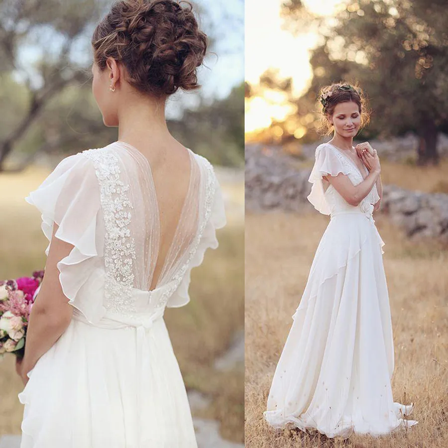 Bohemian Chiffon Wedding Dress Deep V Neck Ruffle Short Sleeve Lace Appliques Backless A-Line Bridal Gown Beach Wedding Dress