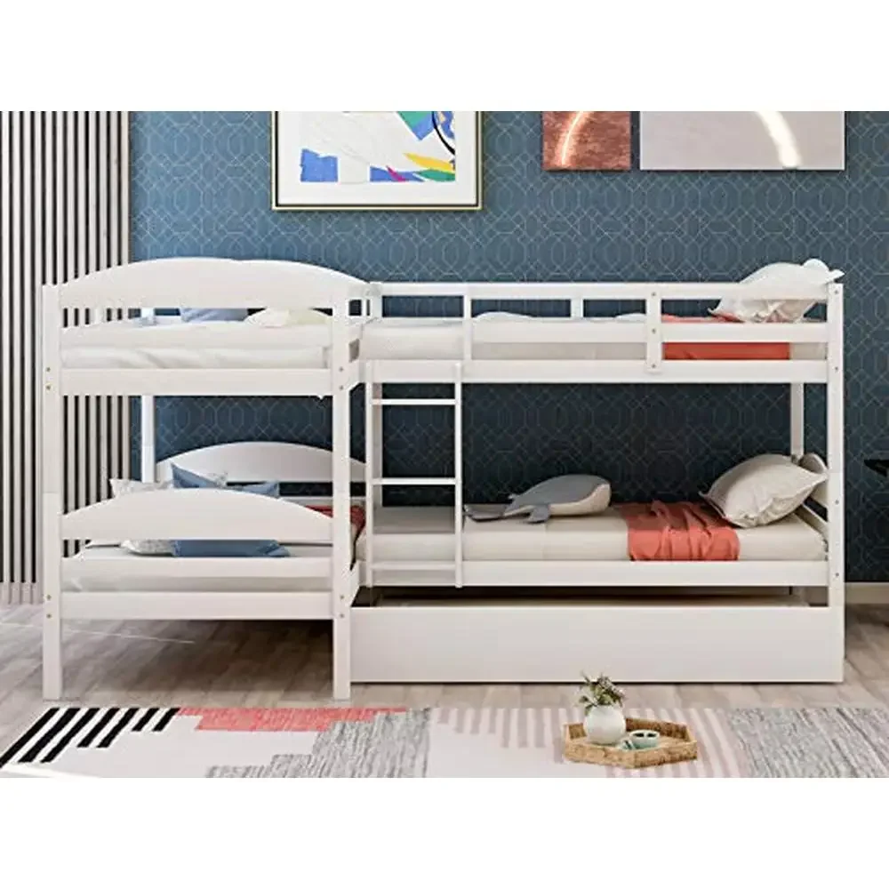 Twin Over Twin Bunk Bed with Trundle L-Shape Quad Bunk Bed Frame Adults Kids Teens Solid Pine Wood White Sturdy Slats Modern