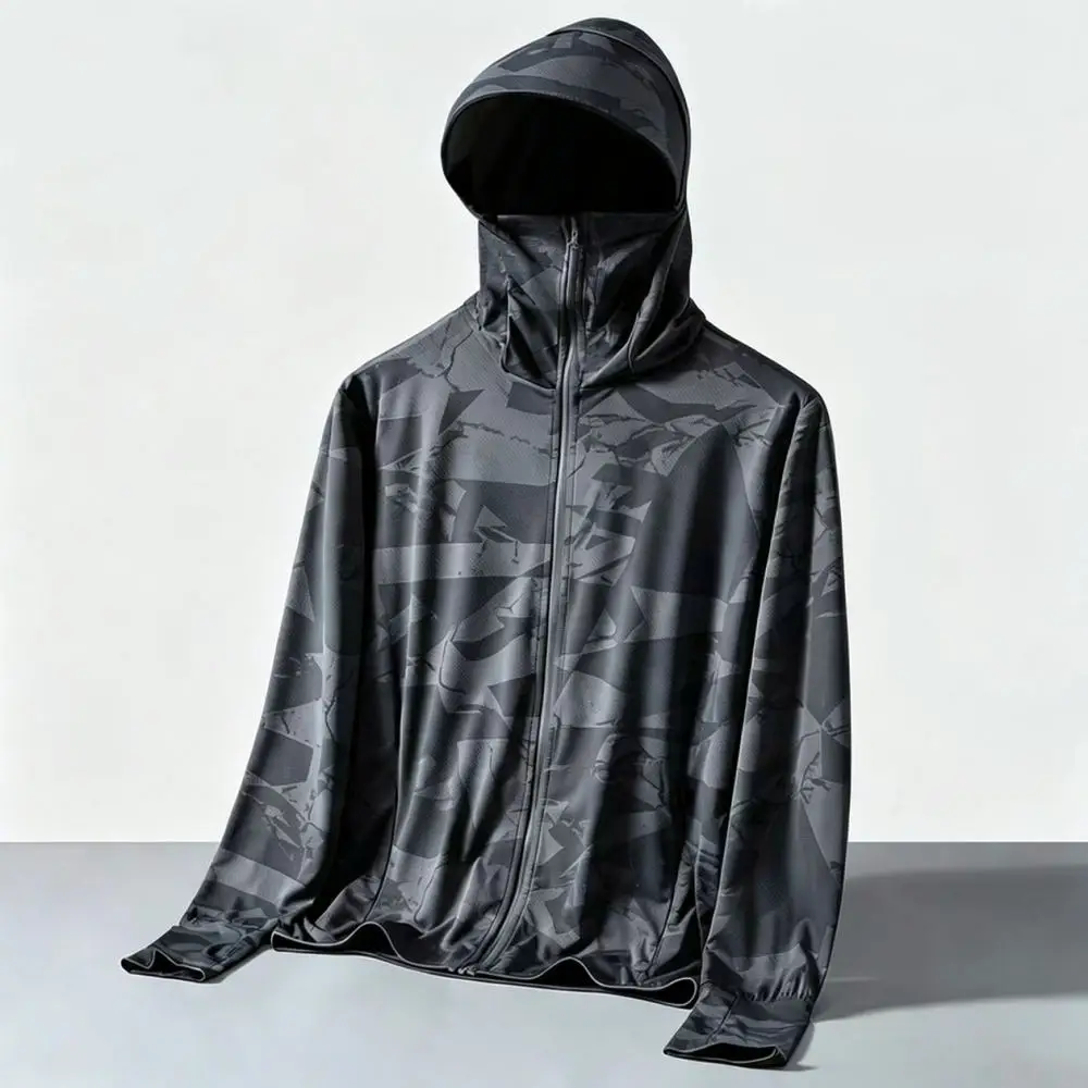Camouflage Mens Sun Protection Jacket Summer Thin Breathable Mesh Ice Silk Hooded Outdoor Sports Oversize Fishing Top
