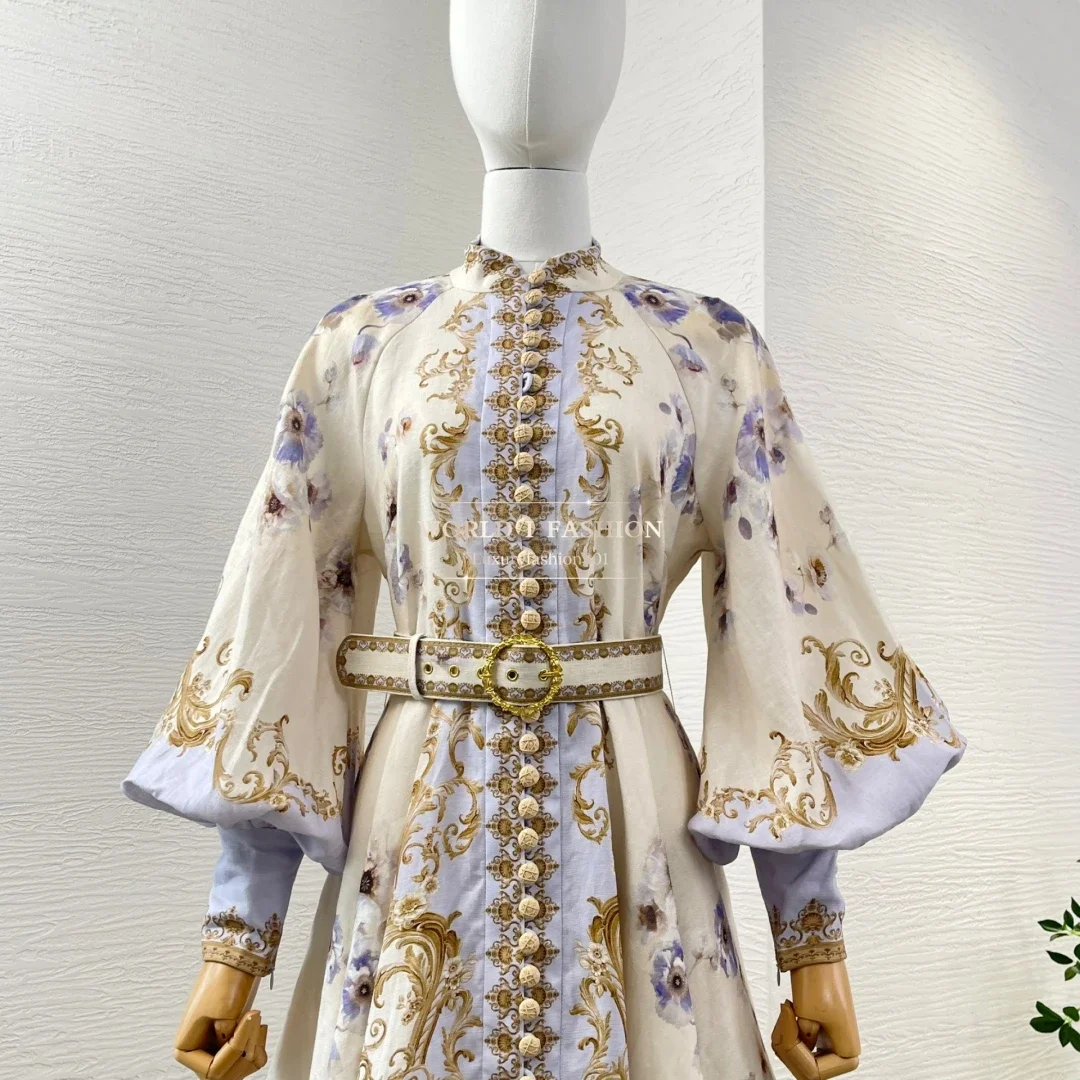 Mini-Vintage-Kleider für Damen mit vollem Laternenärmeln und Gürtel und Blumendruck