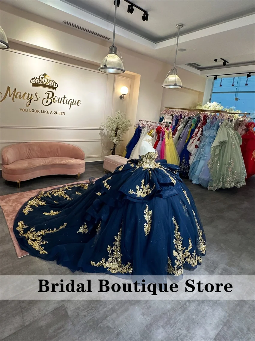 Robes De Quinceanera brillantes bleu marine, dentelle appliquée, perles, cristaux, nœud, fête d'anniversaire, douce 16, personnalisées