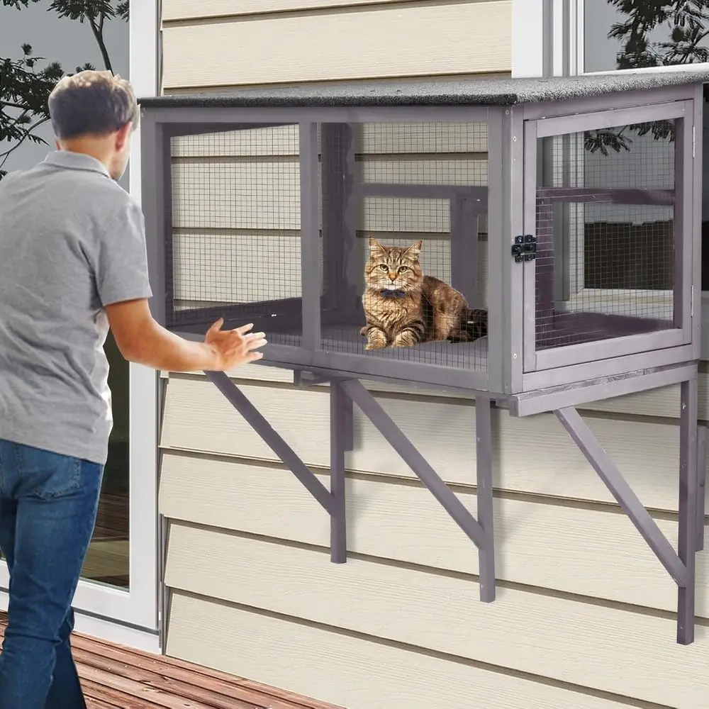 Outdoor Cat Enclosure with Weatherproof Roof and Lockable Door for 1-2 Cats, Secure Window Perch House view 6