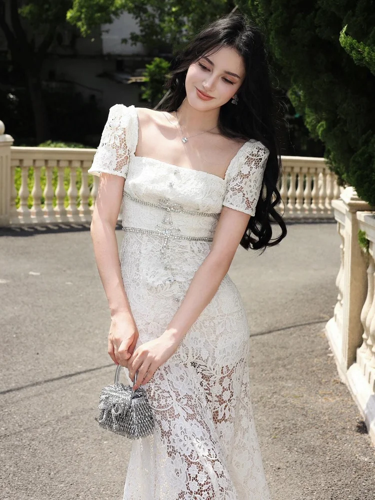 Ele Autunno New SP Home Diamante Impreziosito Nodo Colletto Quadrato Vita Cinched Lace Fi Tail Dr