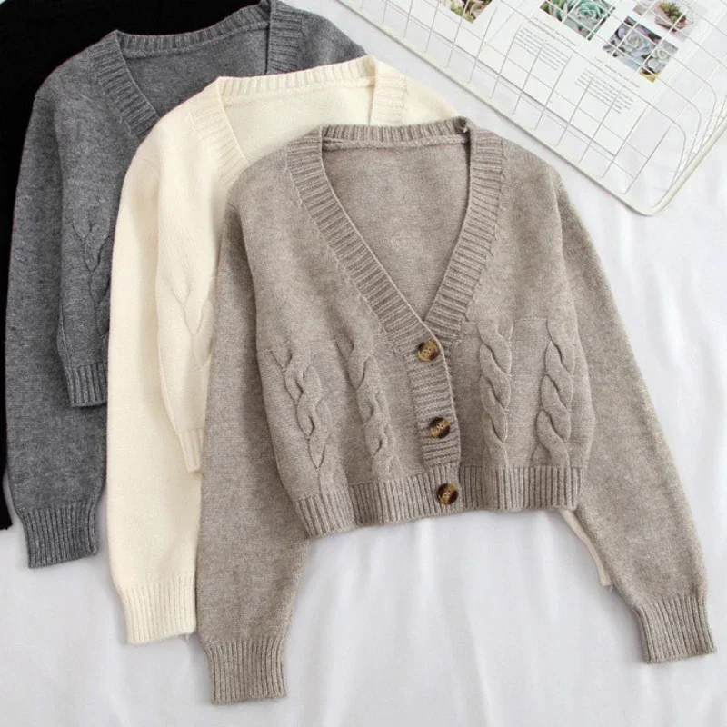 Women Cardigan V Neck Cropped Long Sleeve Twist Knitted Sweater Coats Spring Autumn Keep Warm Korean Fashion Jacket Cardigan