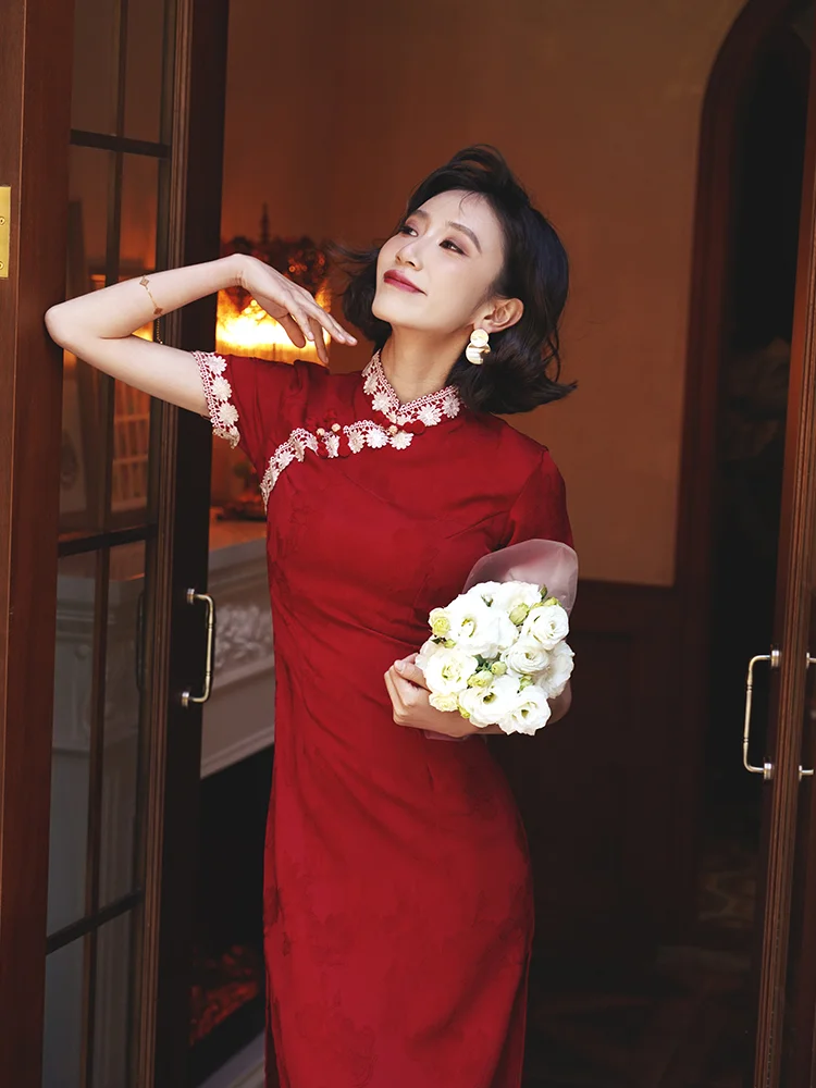 

Yourqipao Red Cheongsam Evening Dresses New 2023 Improved Hanfu Chinese Traditional Qipao New Year Prom Party Gowns For Women