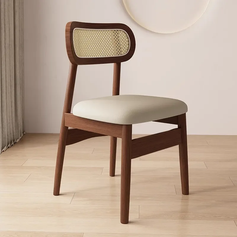 Retro Rattan Dining Chair Solid Wood Backrest Medieval Style Leisure Seat for Home Restaurant Decor Comfortable Wooden