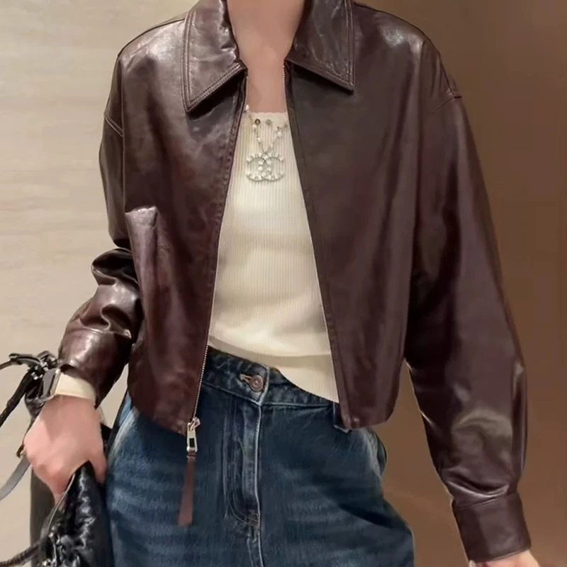 秋冬ショート本革ジャケット輸入オイルワックスシープスキンファッションチャケータムヘールブラック/ブラウンルーズカジュアルトップコート