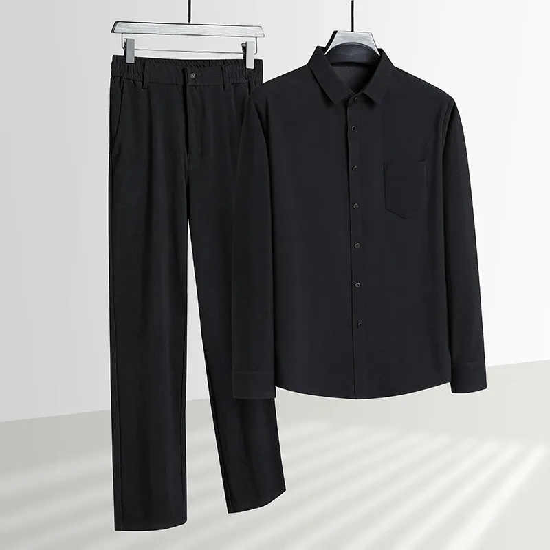 

Middle-aged and elderly spring-autumn corduroy long-sleeved shirt set - men's seamless shirt and elastic pants two-piece set