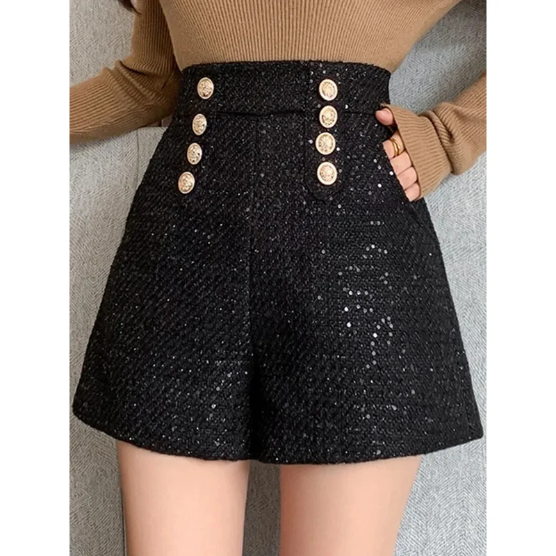

New Autumn Winter Loose Korean Version Slim Double Breasted Sequin Woolen Shorts For Women Wide Leg Outerwear Boots Pants