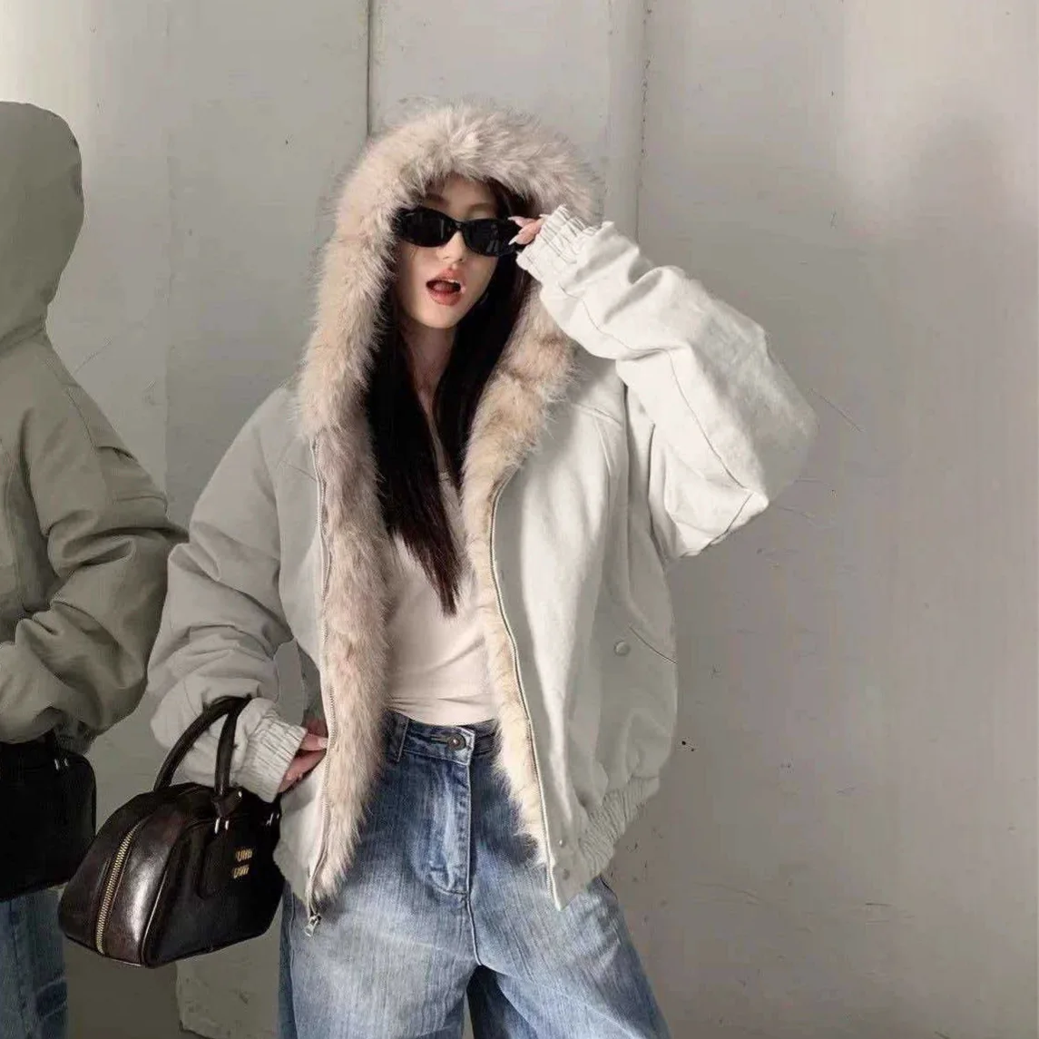 Y2K Korean Style Windbreaker Fashion Retro Simple Plush Coat Mens and Womens Winter Warm Jacket Loose Punk Fur Collar Sports Top