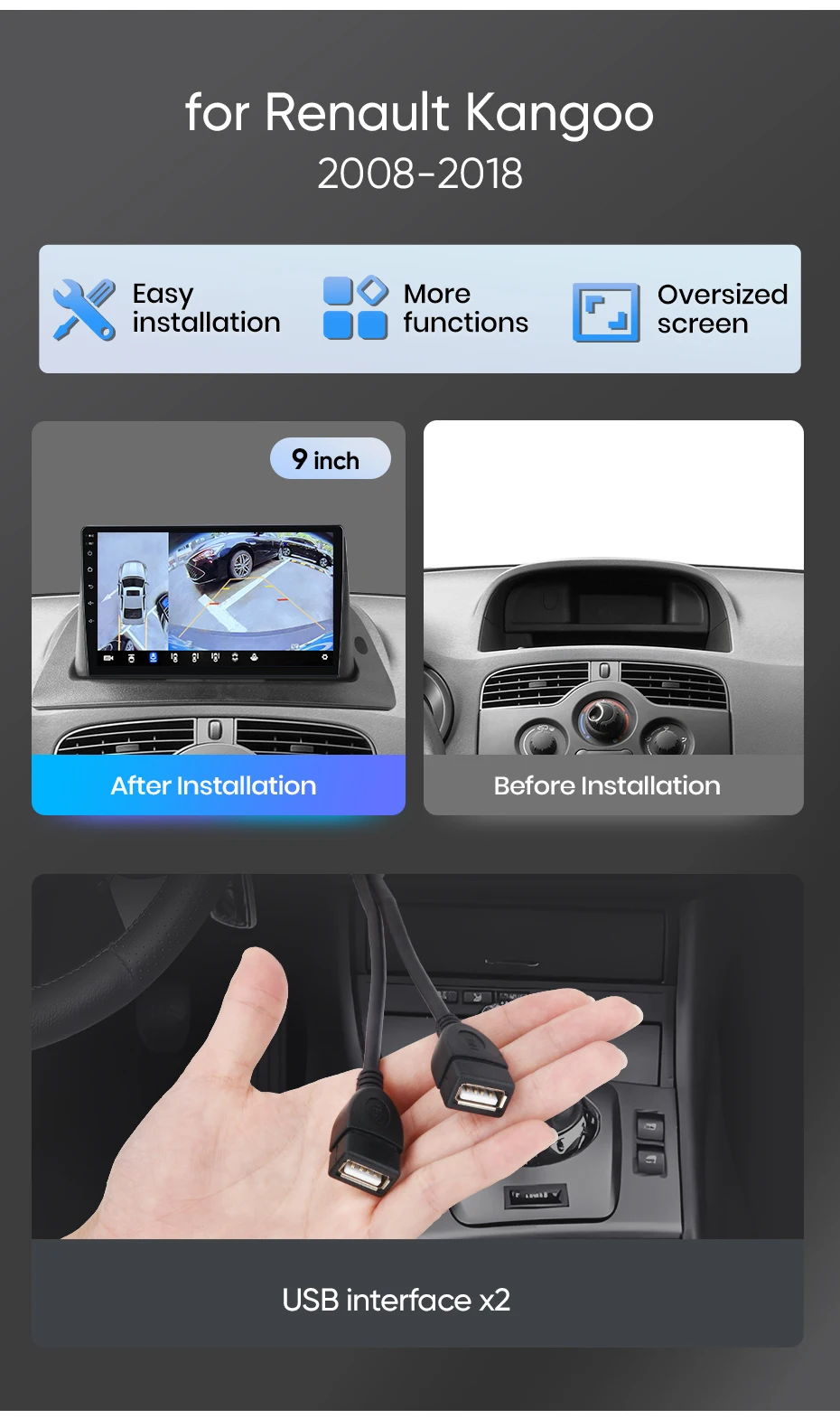Junsun Autoradio für Renault Kangoo 2008 2009 2010 2011-2018 CarPlay Android Auto FM RDS DSP BT GPS Navi SWC HD IPS Touchscreen Plug & Play Multimedia-Player Freisprecheinrichtung Original-Autostil-Haupteinheit – Detail 2