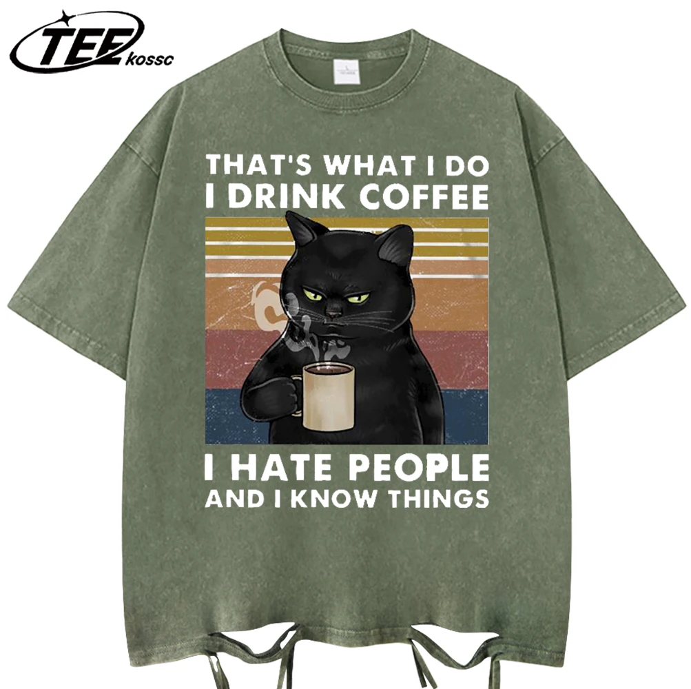

Cats Love To Drink Coffee Printed Mens Washed Holes T-Shirt Soft Cotton T-Shirts Hip Hop Summer Clothes All-Match Tee Top