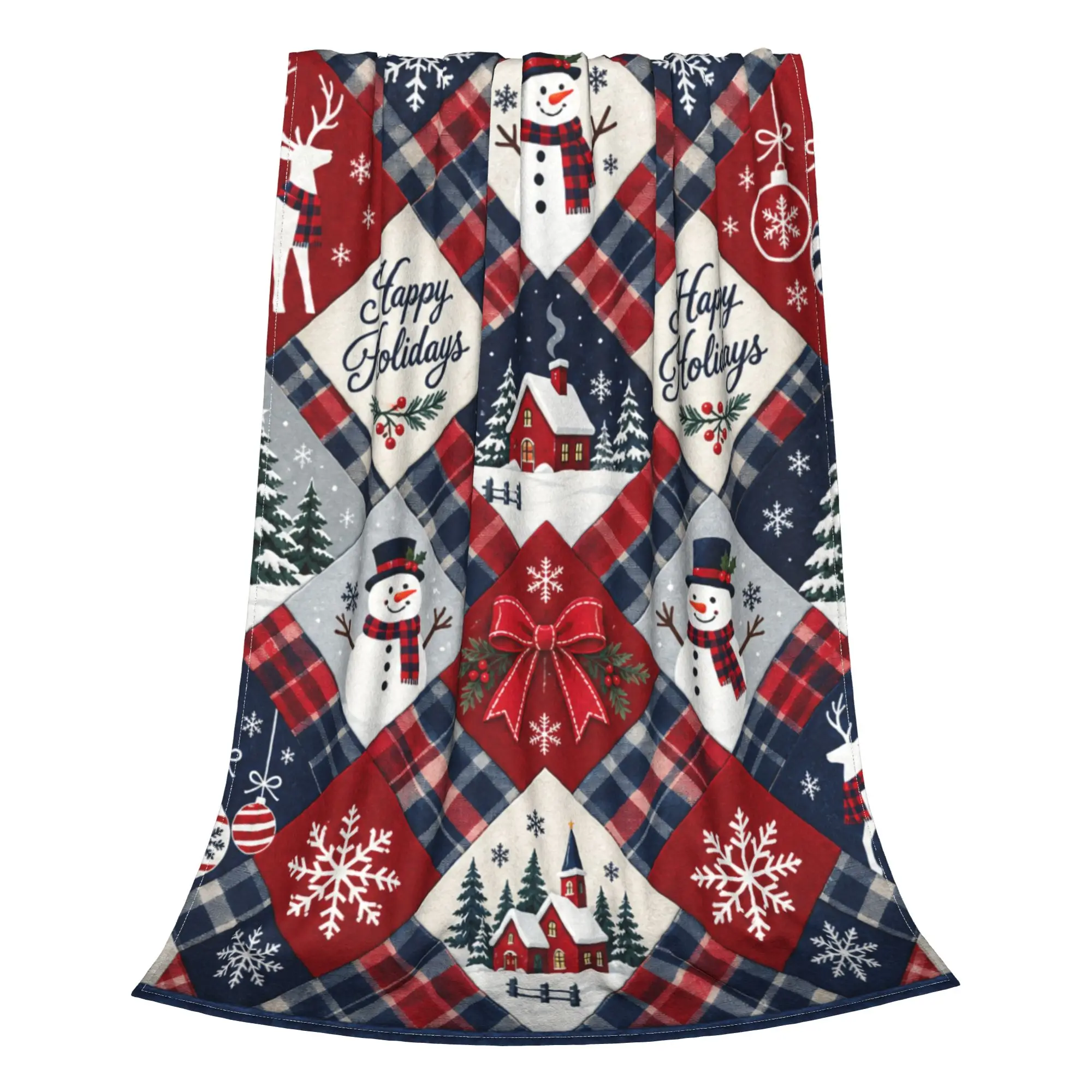 1PC Home Blue Red Plaid Xmas Quilt Christmas Theme Santa Claus Snowman And Elk Blanket Throw Super Cosy Plush Living Room Sofa