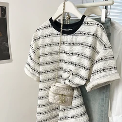 Women Vintage Stripes Tshirt Loose O Neck Short Sleeve T-shirt 2025 Summer New Casual Versatile Tops T-shirts