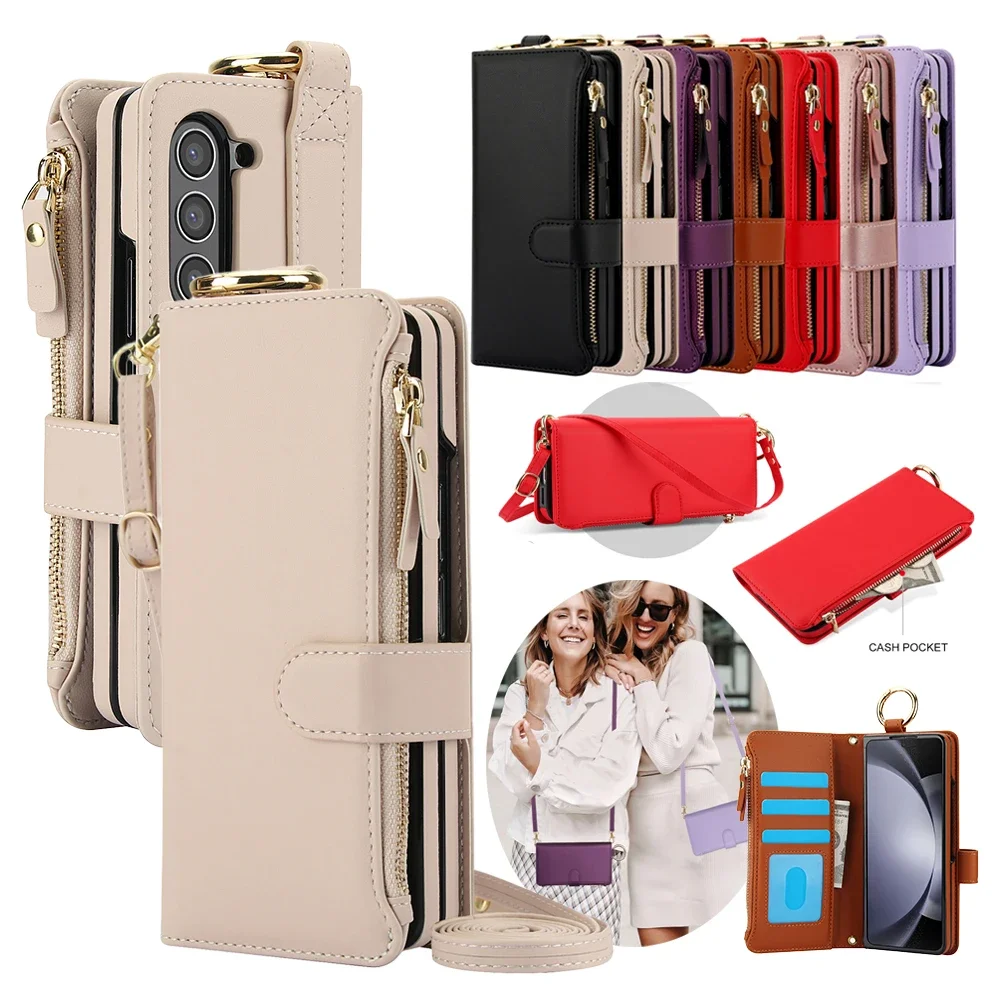 

Чехол-кошелек через плечо для Samsung Galaxy Z Fold 7 6 5 4 3 Fold7 Fold6 Fold5 Fold4 Fold3 5G Чехол для телефона Кассовые карты Карманное кольцо