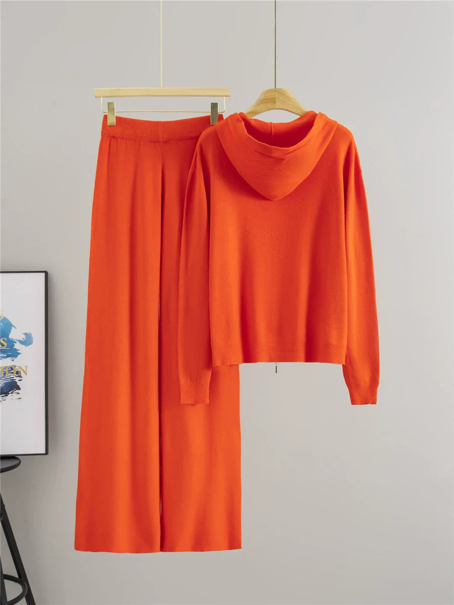 Ensemble 2 pièces tricoté pour femmes, Design strass, coréen, capuche, fermeture éclair, Cardigan ample, hauts, taille haute, pantalon à jambes larges, tenue