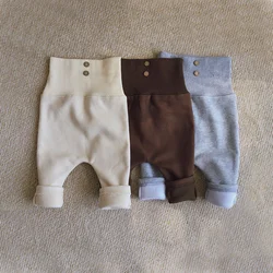 Baby Cotton Pants With Button Autumn Winter Fleece Pant for Boy and Girl Infant Toddler Solid Clothes 0-2Y