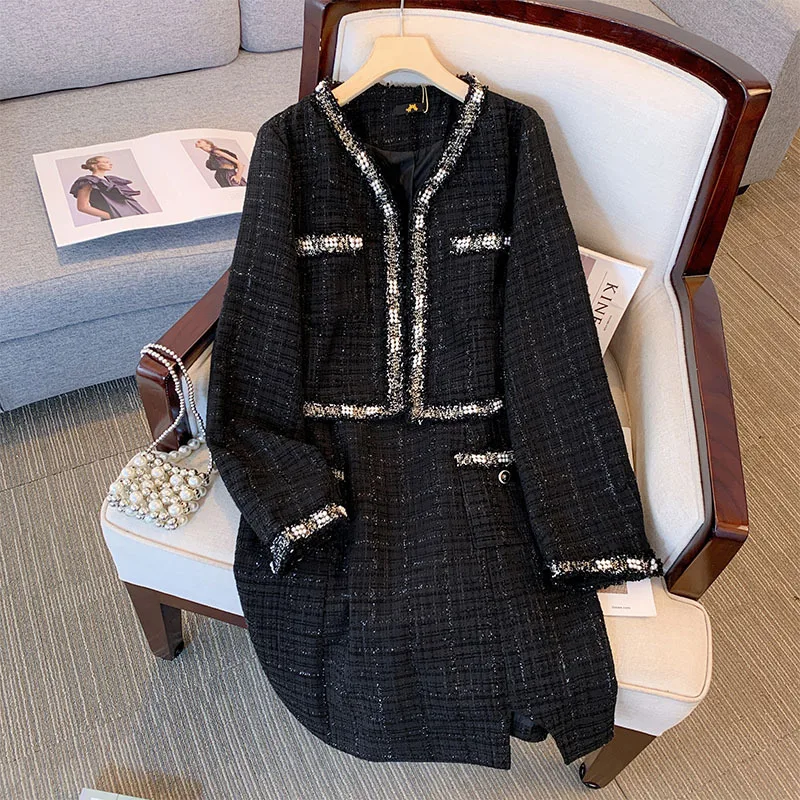 

150Kg Plus Size Women's Bust 150 Autumn New Small Fragrant Coat And Strap Dress Two Piece Set Black 5Xl 6Xl 7Xl 8Xl 9Xl