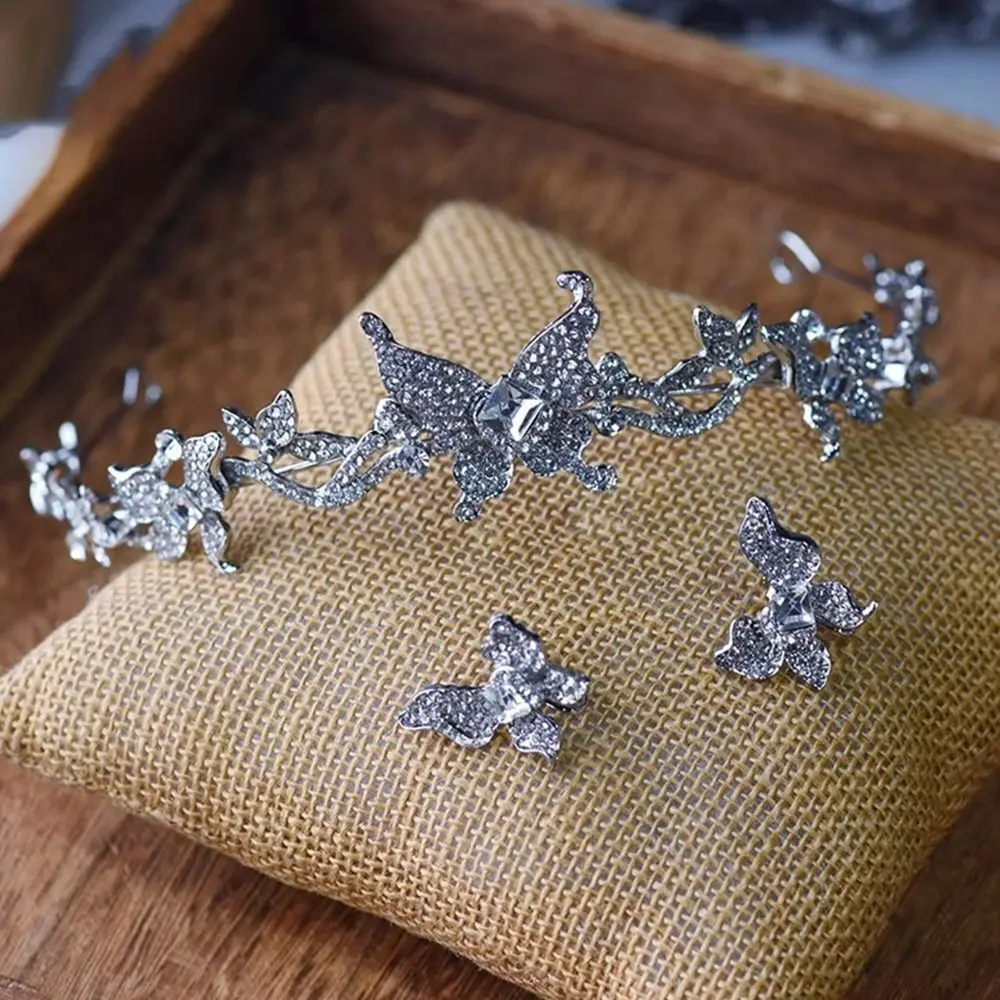 

Bride Headdress Butterfly Crystal Tiara Set Sparkling Princess Headband Rhinestone Queen Crown Luxury Ear Clip