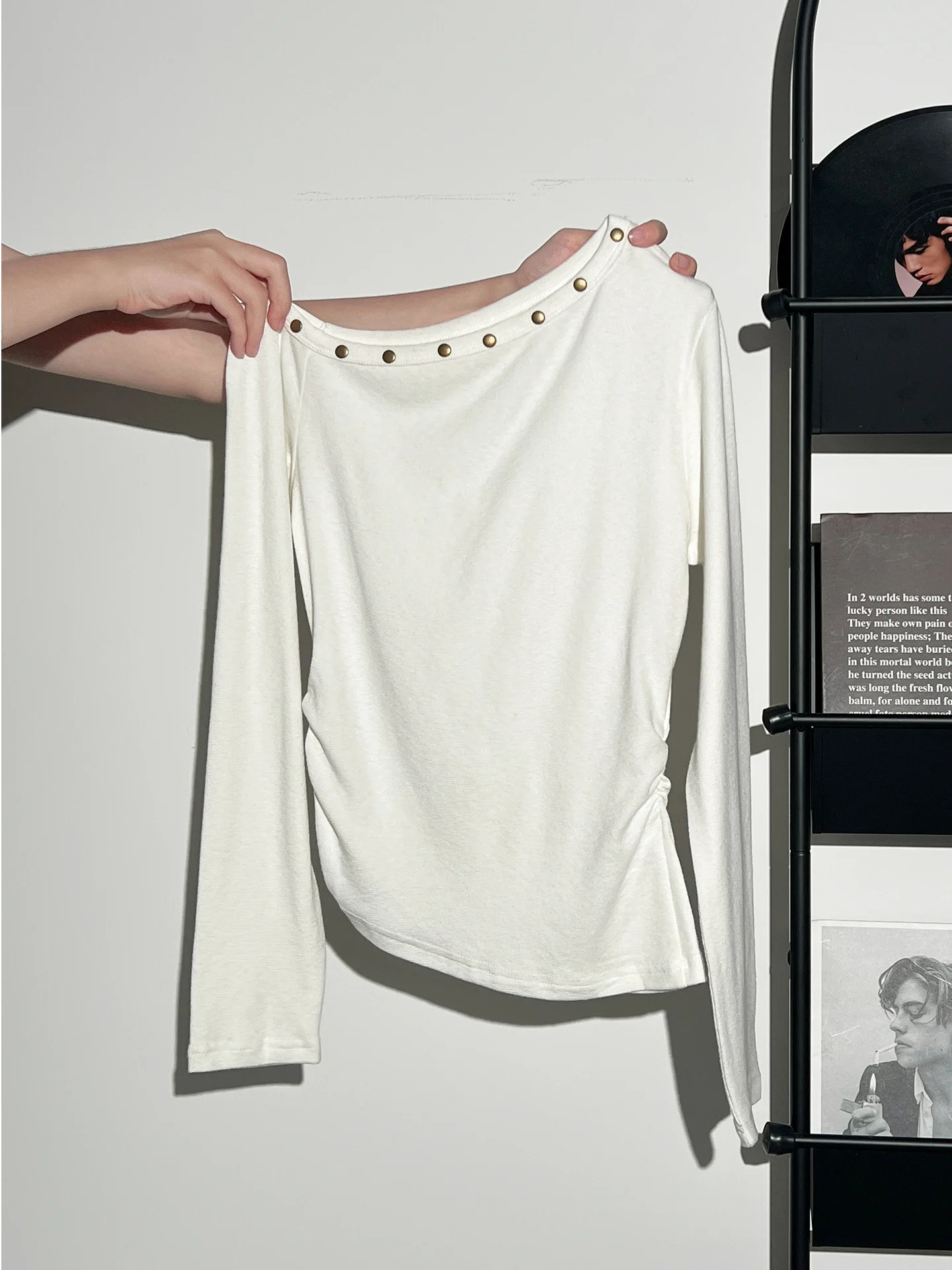 

Ele Long Sve T-irt Women's Slim Fit oulder Bared Top High Waist Korean Sle Commute Wear Polyester Fiber