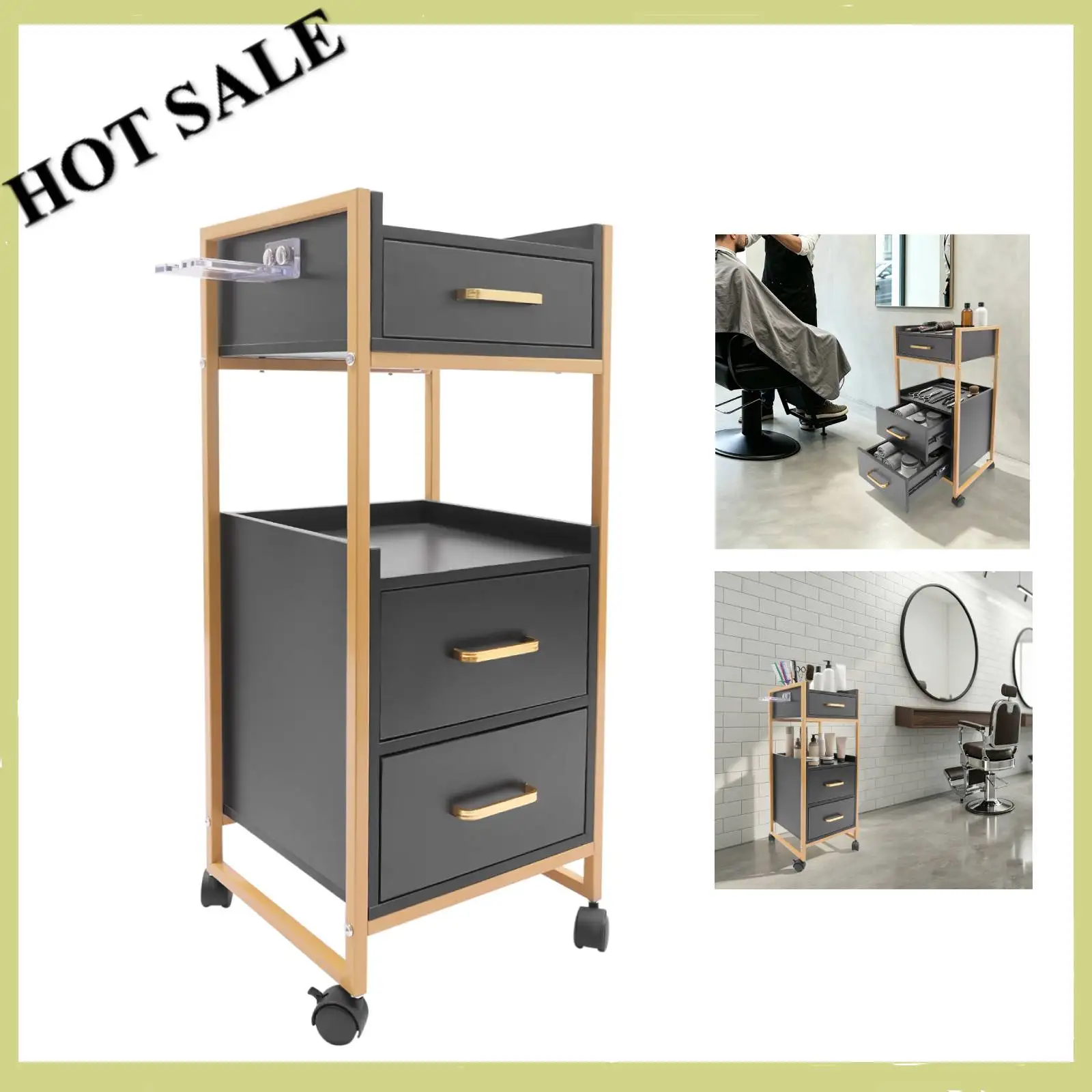 Salon Cart Barber Trolley 3 Drawers 2 Shelves 176lbs Capacity Hair Dryer Holder with Wheels for Beauty Salon