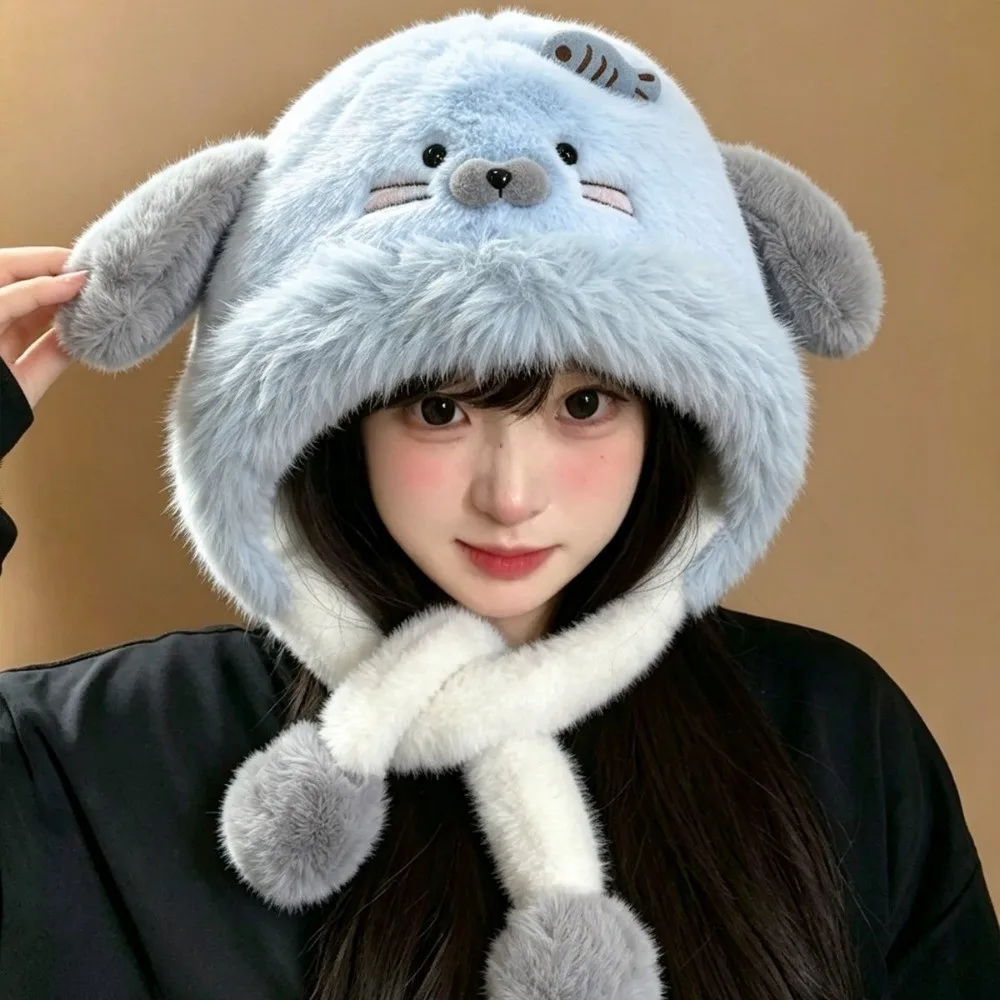 Stylish Polyester Seal Trapper Hat 56cm to 58cm Head Circumference Earflap Moving Ears Hat Thick Warm Hat For Women