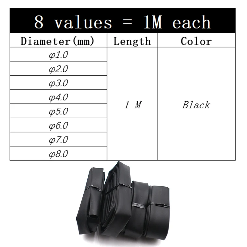 Juego de tubos termorretráctiles para envolver Cables, Kit de cable de conector de bricolaje, color negro, 1/2/3/4/5/6/8/10mm, 2:1, 8 metros