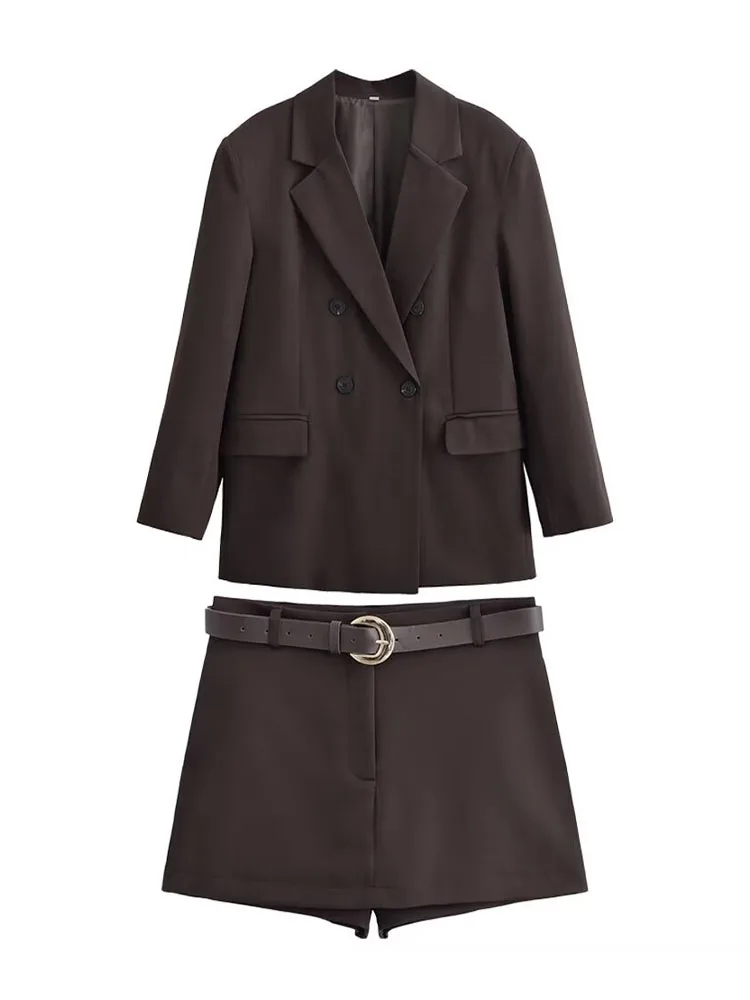 HH femme printemps revers manches longues poche décoration Double boutonnage rétro Blazer + Culottes femme rue mode deux pièces ensemble