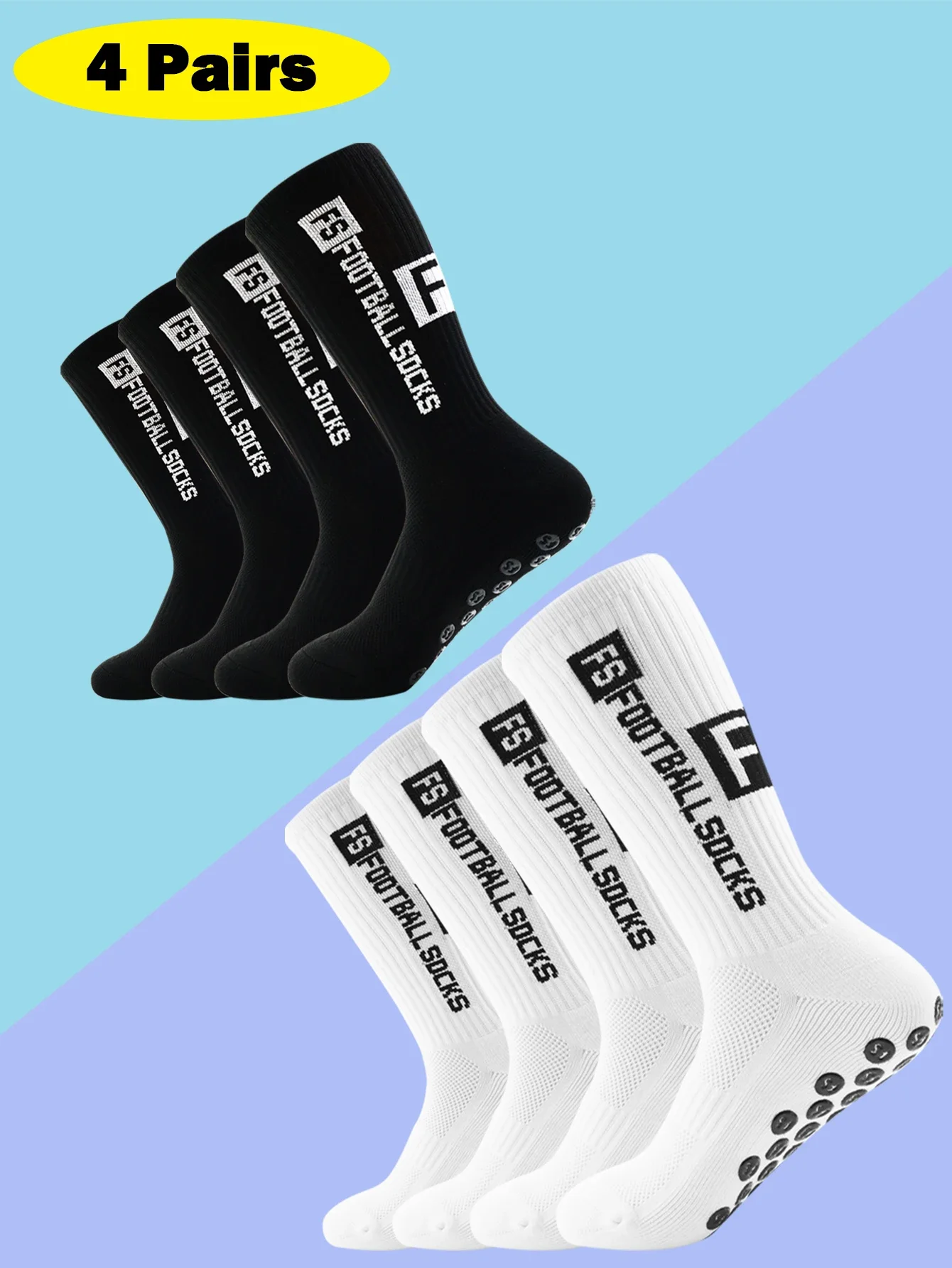 Image of 4 Paar neue FS Fußballsocken in mittlerer Wadenlänge, geeignet für Sporttraining und Wettkämpfe, mit rutschfesten und atmungsaktiven Eigenschaften.