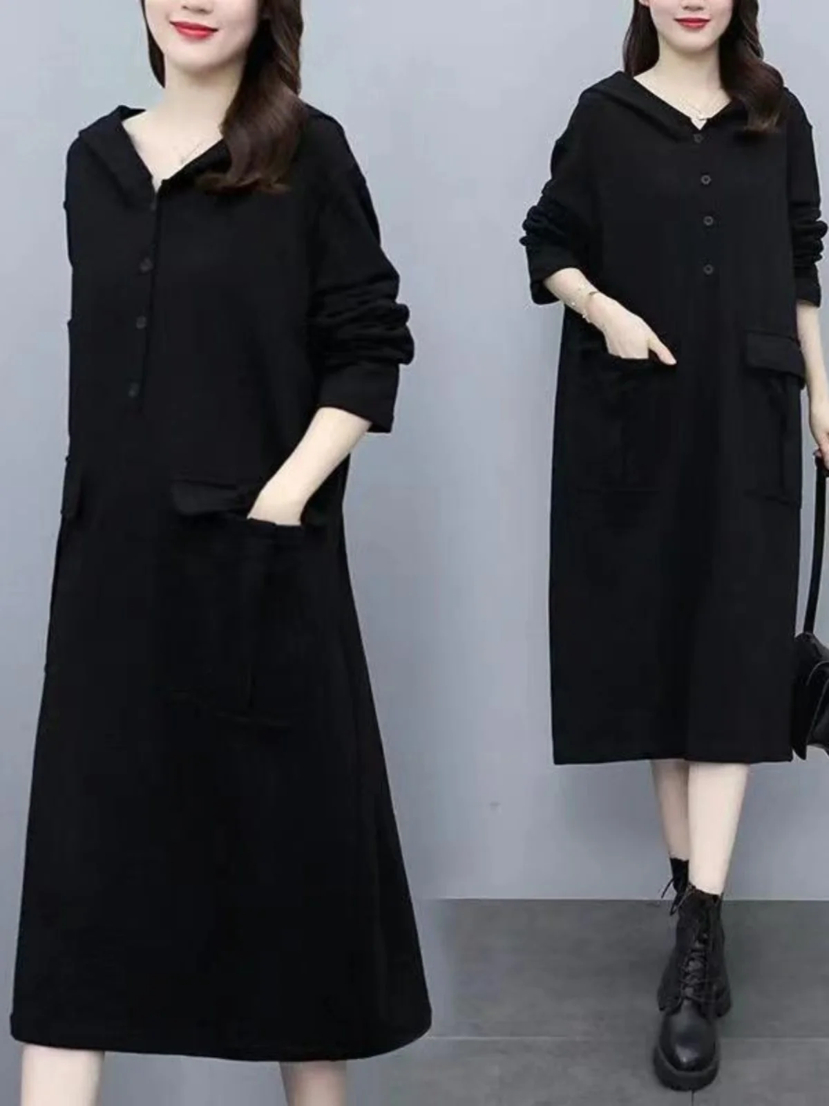 plus Size Allentato Lungo Sve Dr con Big kets Autunno Inverno Abbigliamento casual Nasconde lusinghiero Felpa con cappuccio per plus S...