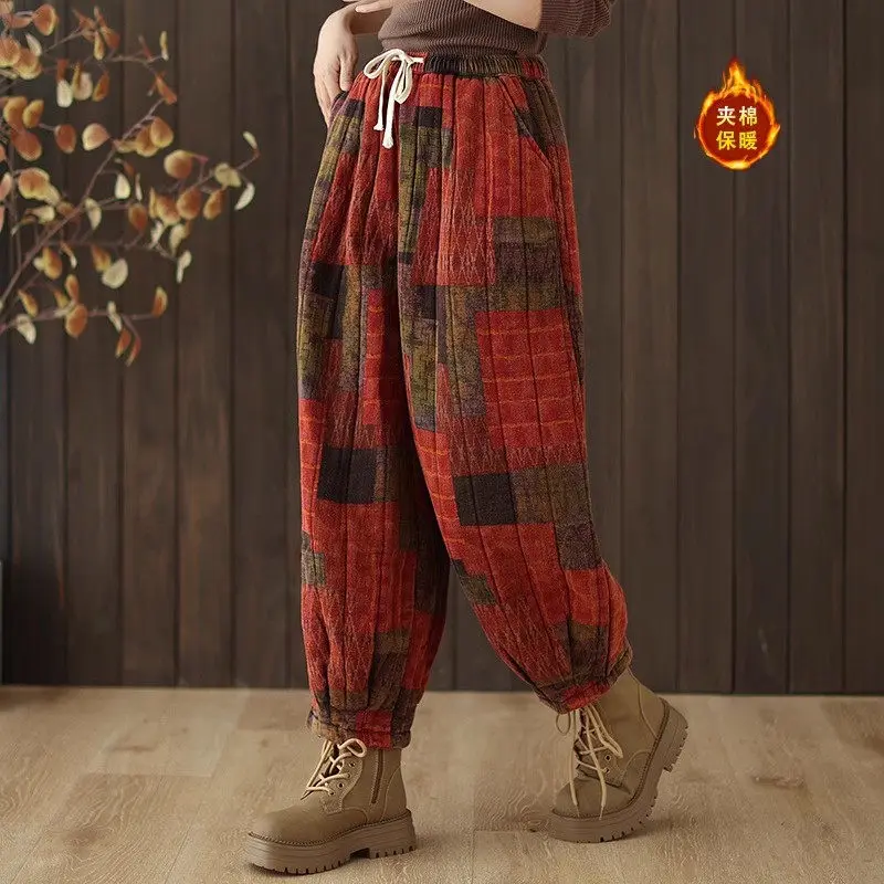 Retro Ethnic Style Printed Cotton Pants For Women Winter Cotton Linen Thick Style Warm And Loose Casual Lantern Trousers a080