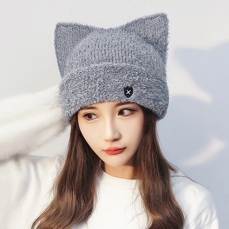 

Cartoon Cat Ear Warm Hat Cute Ear Protection Hat For Women Girls Fashion Soft Heart Embroidered Hat Autumn Winter Warm Hat Gifts